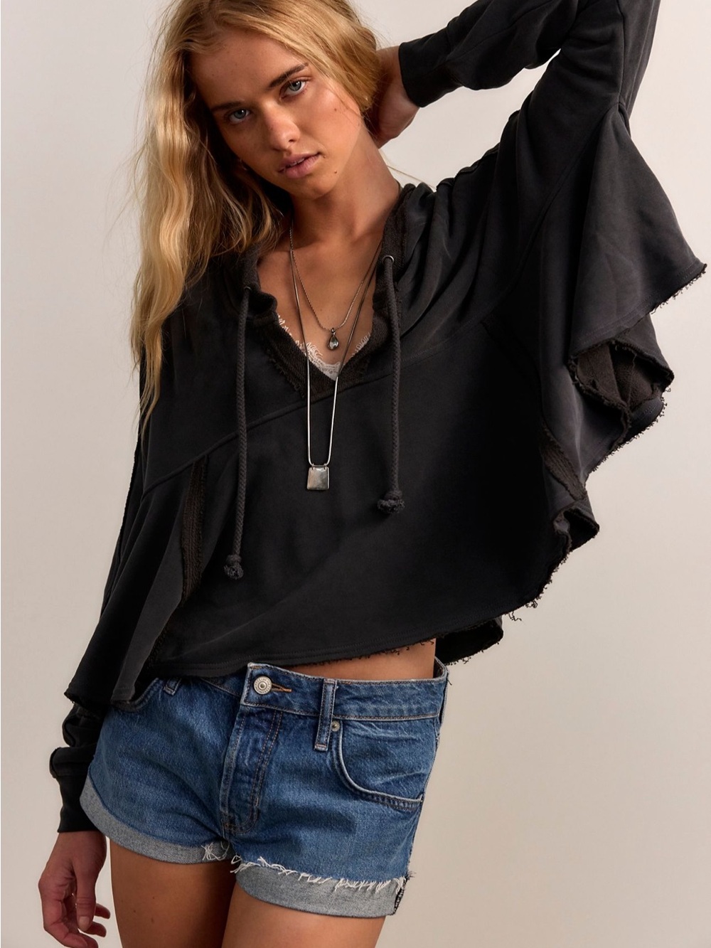 Free People Catching Waves Black Cropped Hoodie with Raw Edges